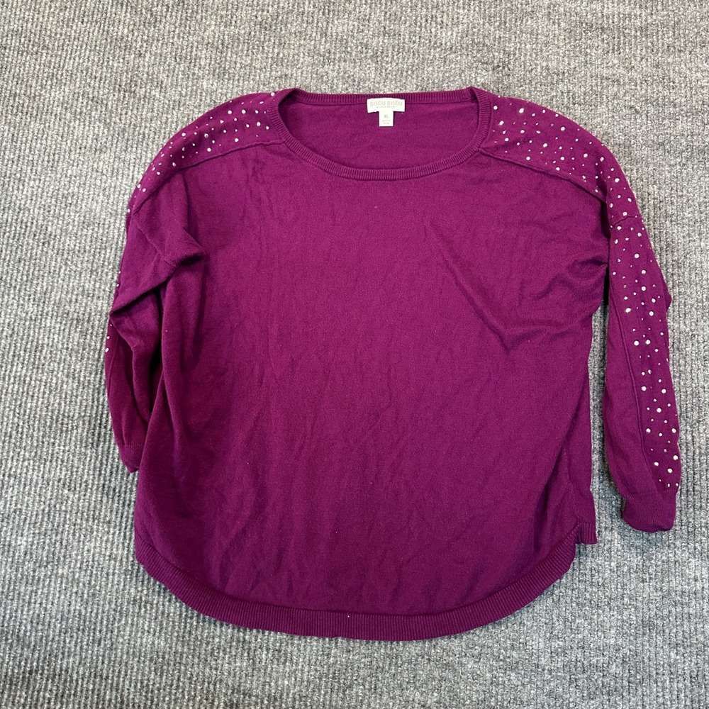 Bisou Bisou Michele Bohbot Knit Top XL Purple Rhinestone Embellished Sleeve